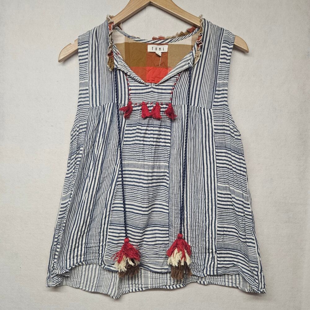 THML Blue White Striped Tassel Top Embroidery Boho Sleeveless Blouse sz M